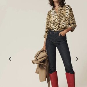 TARA JARMON Designer Beige Takki Zebra Tiger Print Button-Up Maximalist Top sz M